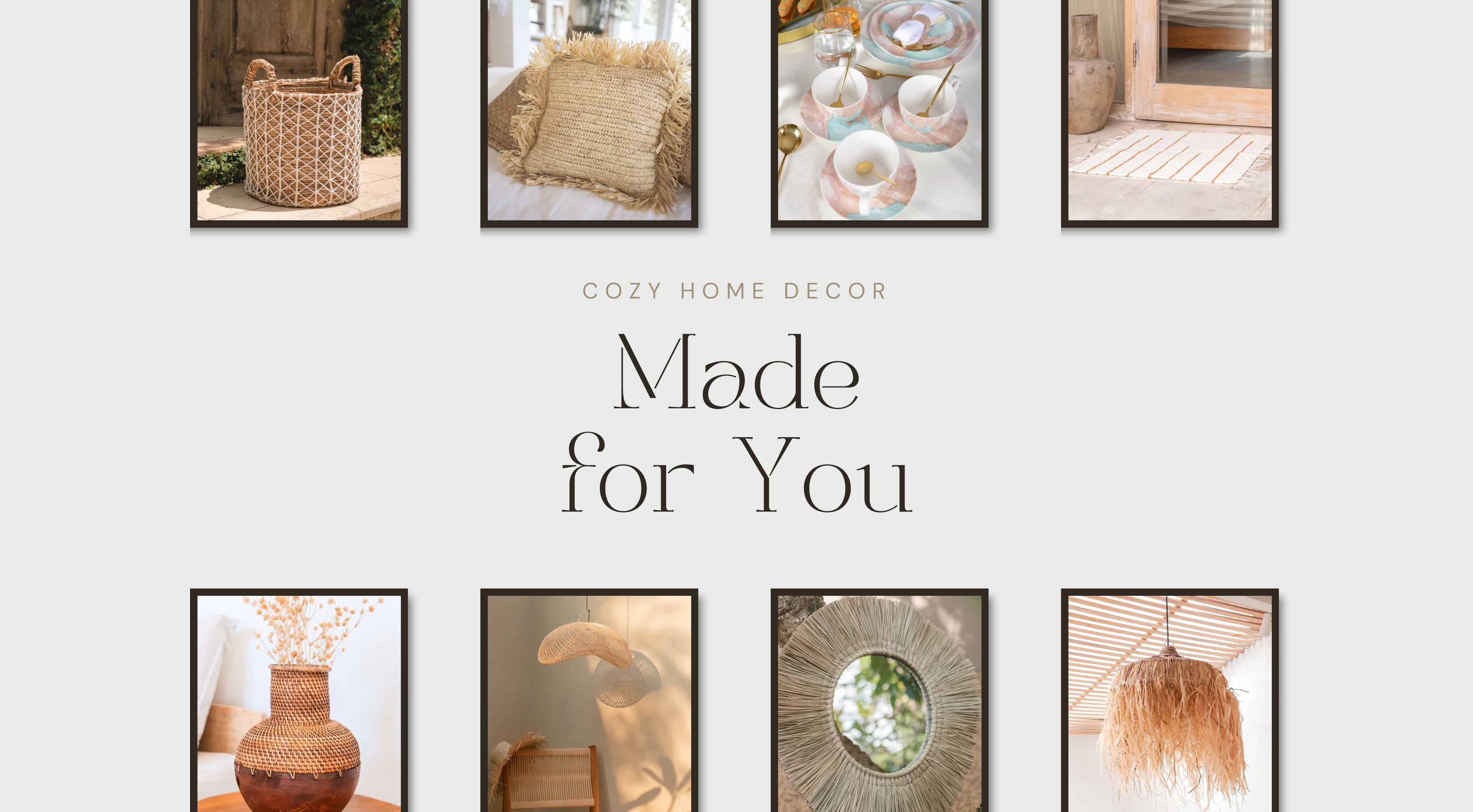 Cozy home decor items with text 'Cozy Home Decor Made for You' on a light gray background.