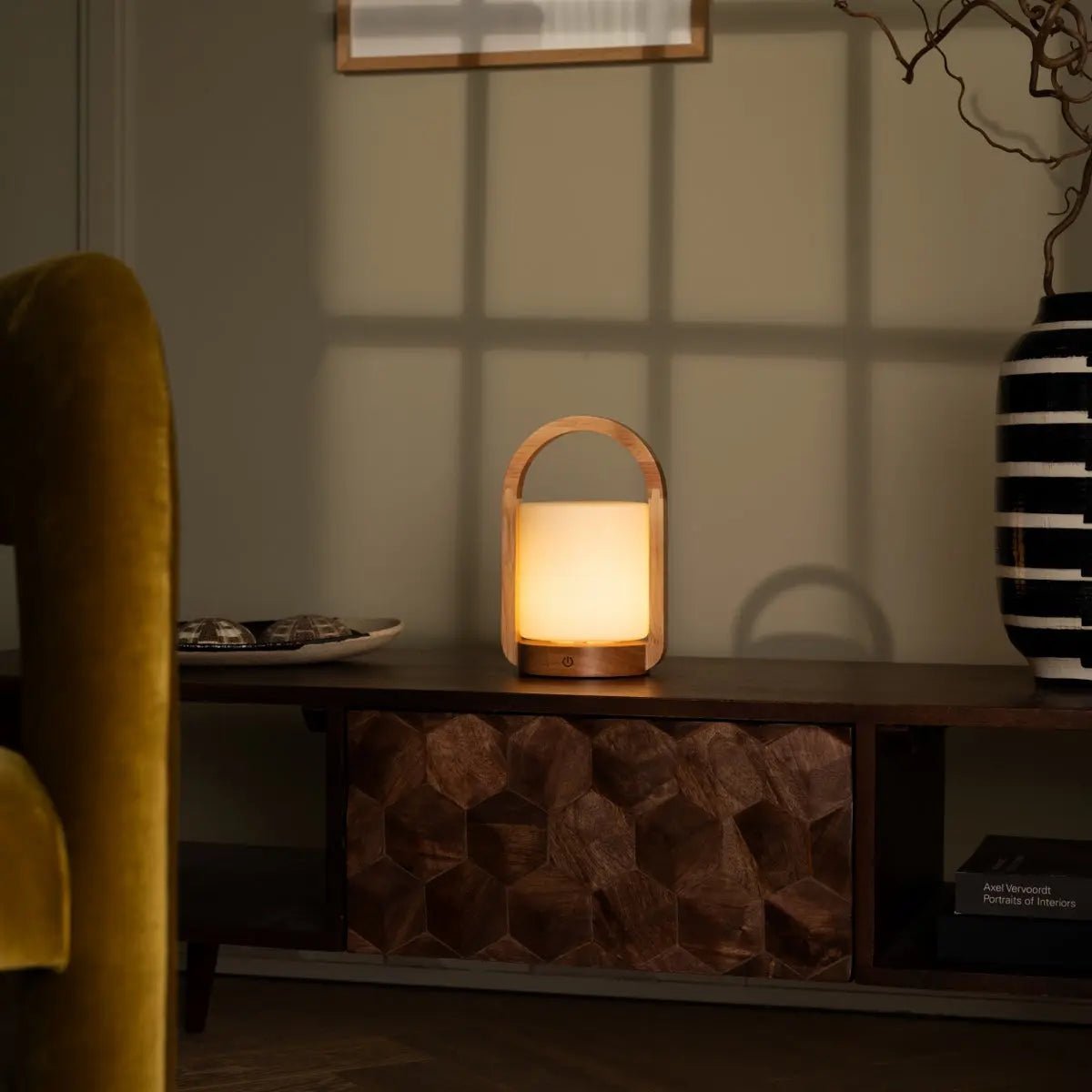 Close up of George Light Brown wooden lamp with frosted glass finish