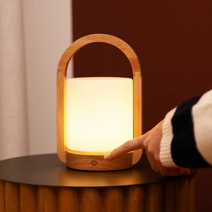 George Light Brown wooden lamp featuring elegant curved handle design