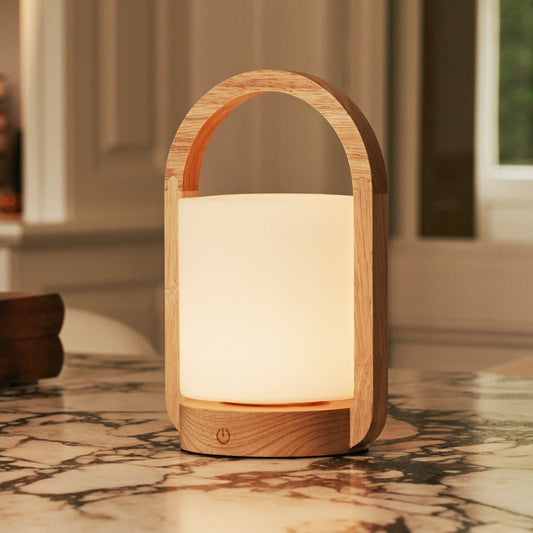 George Light Brown wooden rechargeable lamp glowing on marble table