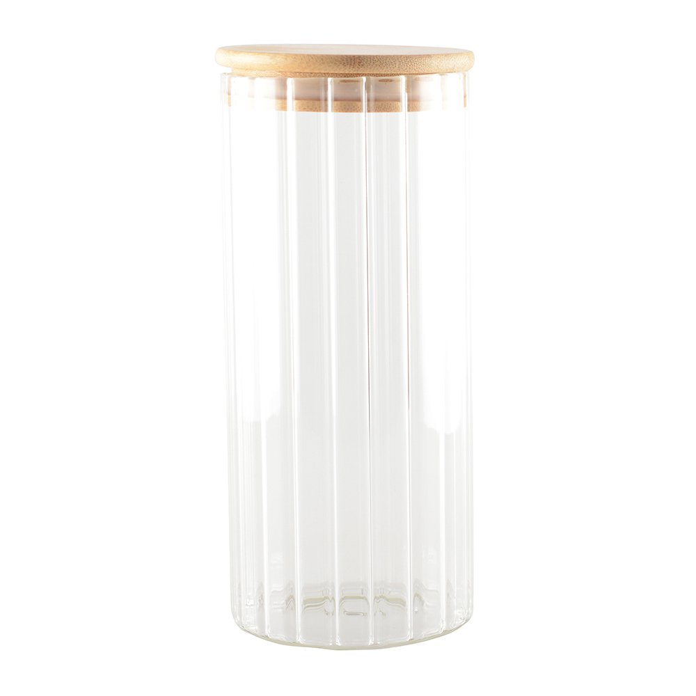 Transparent glass storage jar with wooden lid for kitchen organization