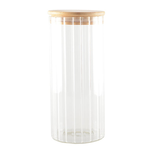 Transparent glass storage jar with wooden lid for kitchen organization