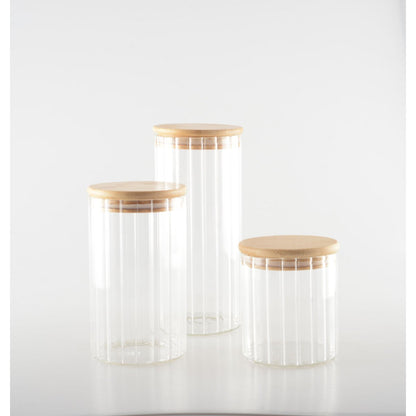 Elegant glass jar with natural wood cover for stylish storage