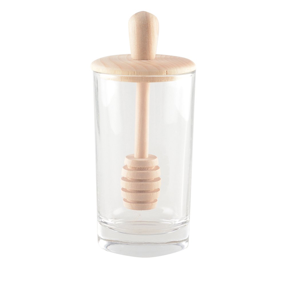 Transparent glass and wood honey pot for stylish kitchen use