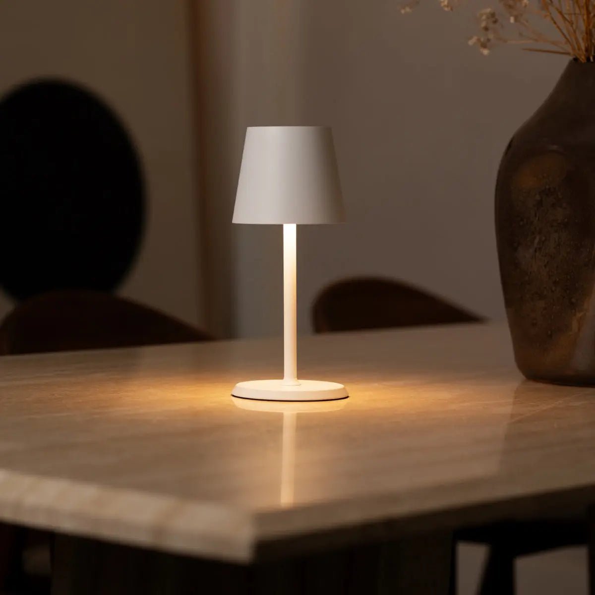 Portable rechargeable James Lamp designed for flexible use across home spaces