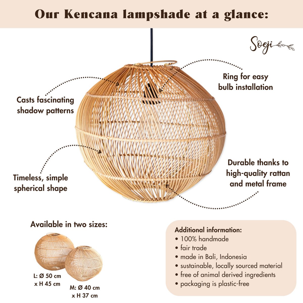 KENCANA rattan lampshade, handmade round pendant light for boho interiors