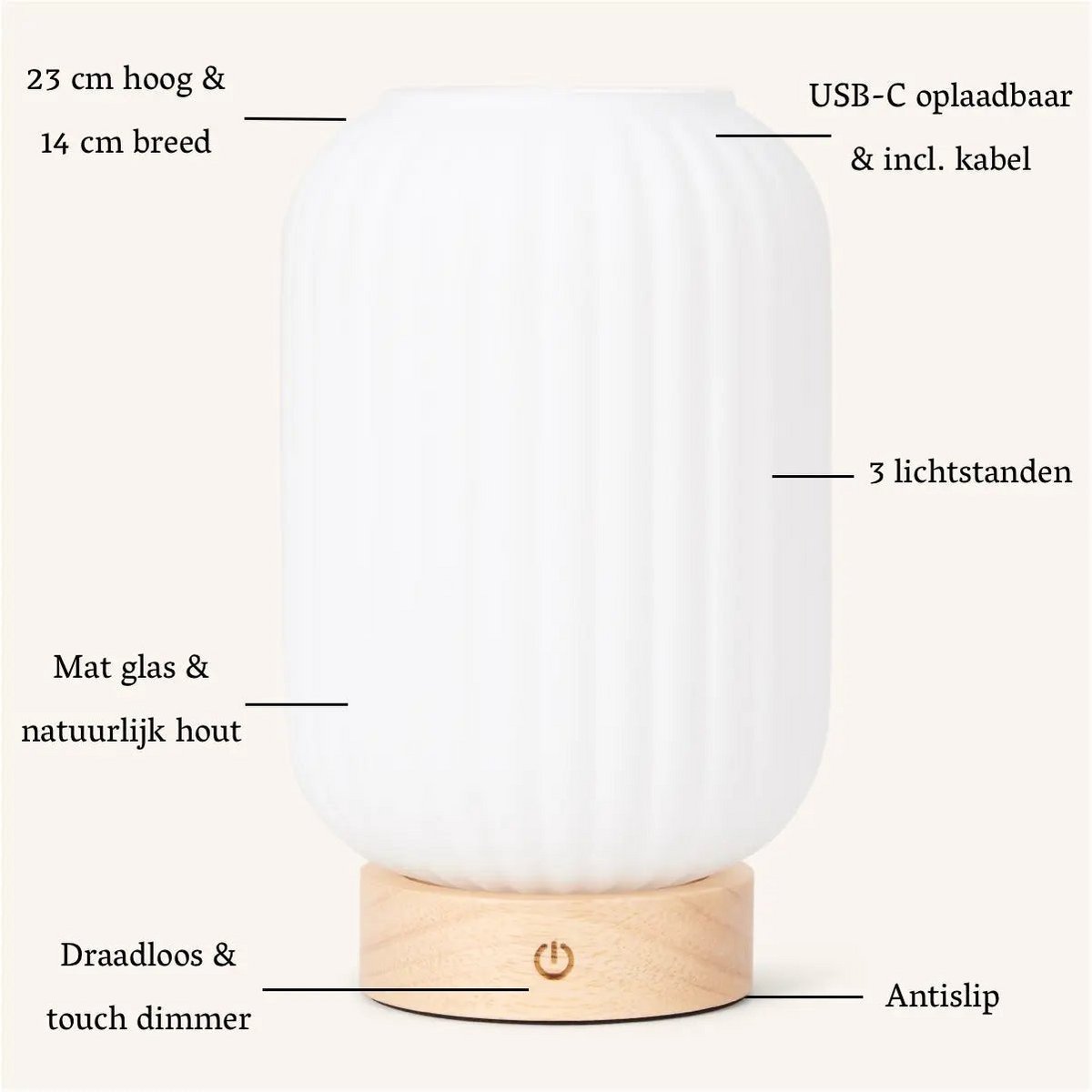Lilly Rechargeable Lamp showing measurements and wooden base details