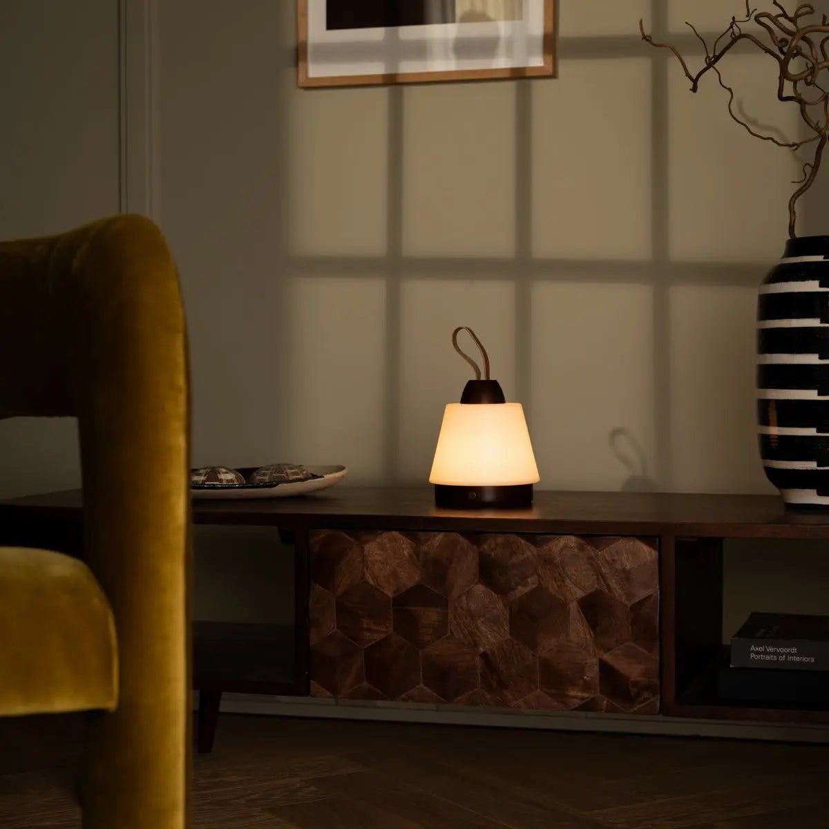 Close up of Liv Dark Brown lamp with premium leather handle detail
