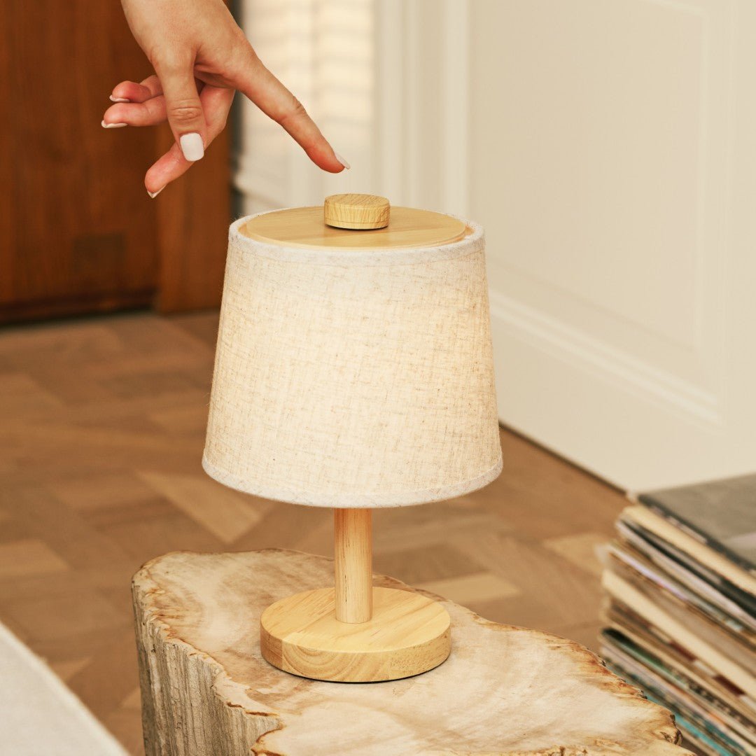 Rover Light Brown wooden lamp illuminating dining table with soft light
