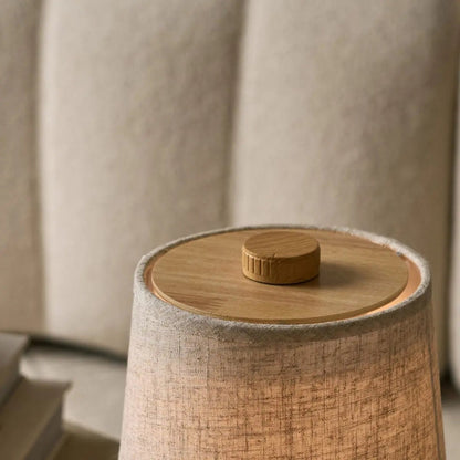 Rover Light Brown wooden lamp with linen fabric shade closeup