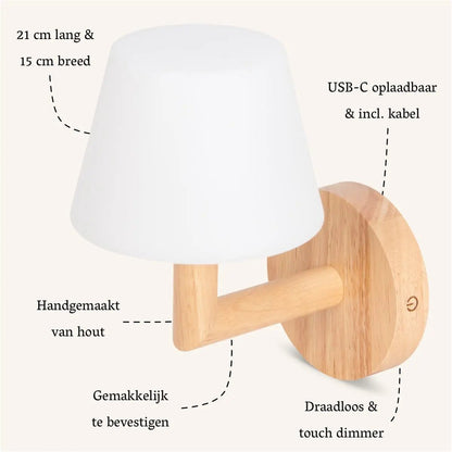 Ted wooden wall lamp close-up with size and material info