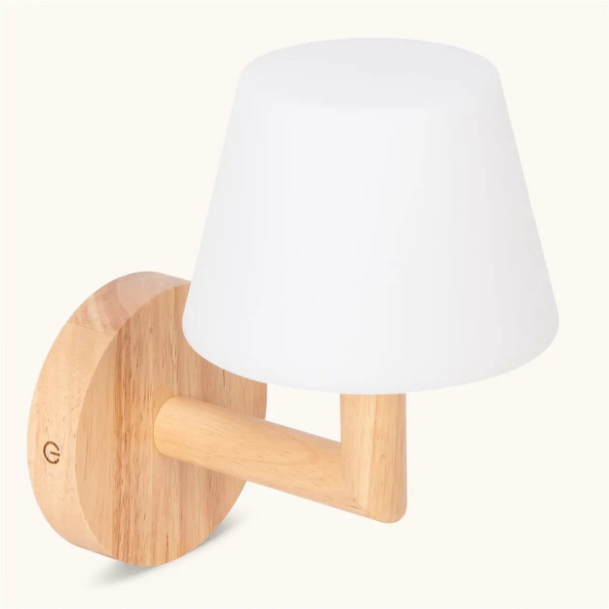 Ted rechargeable wooden wall lamp featuring white lampshade