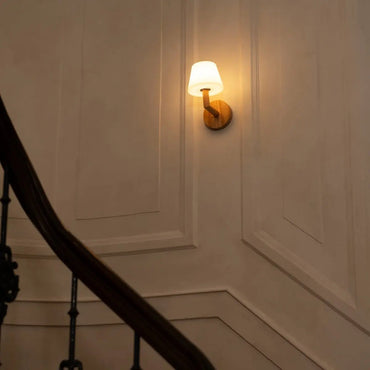 Ted wooden rechargeable wall lamp illuminating stairway area