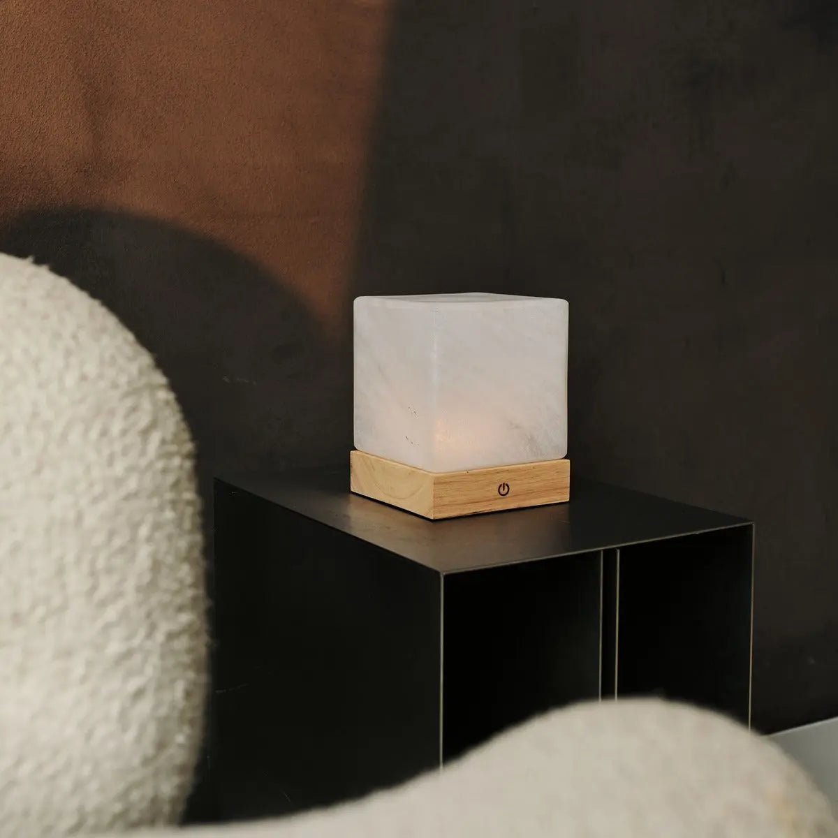 Yce Light Brown wooden lamp placed beautifully on marble surface