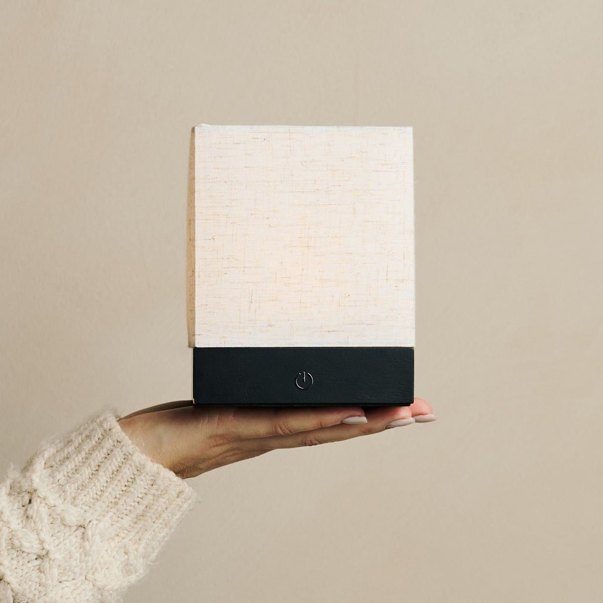 Zano Black wireless lamp with soft linen shade and wooden base