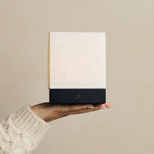 Zano Black wireless lamp with soft linen shade and wooden base
