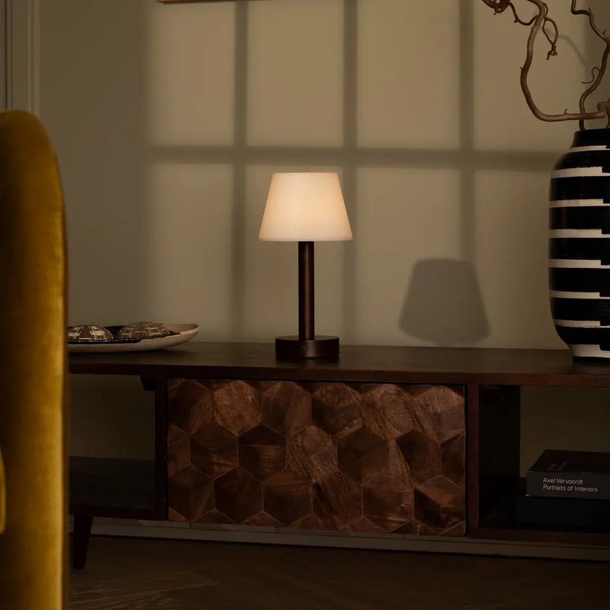 Zoe Dark Brown Wooden Lamp rechargeable with USB-C charging port