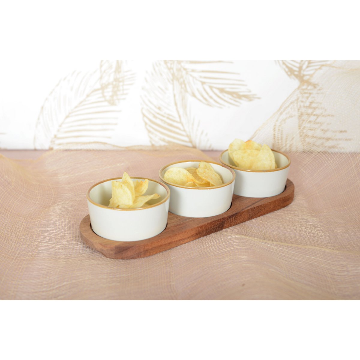 Snacks set of 3 bowls on a wooden tray 29x10x5.1cm