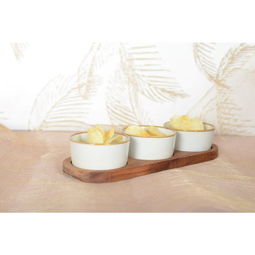 Snacks set of 3 bowls on a wooden tray 29x10x5.1cm