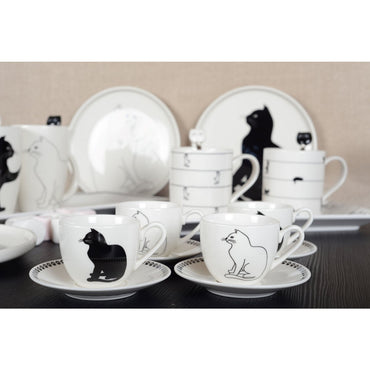 Coffee cups with black and white cat + saucers - Lot of 4