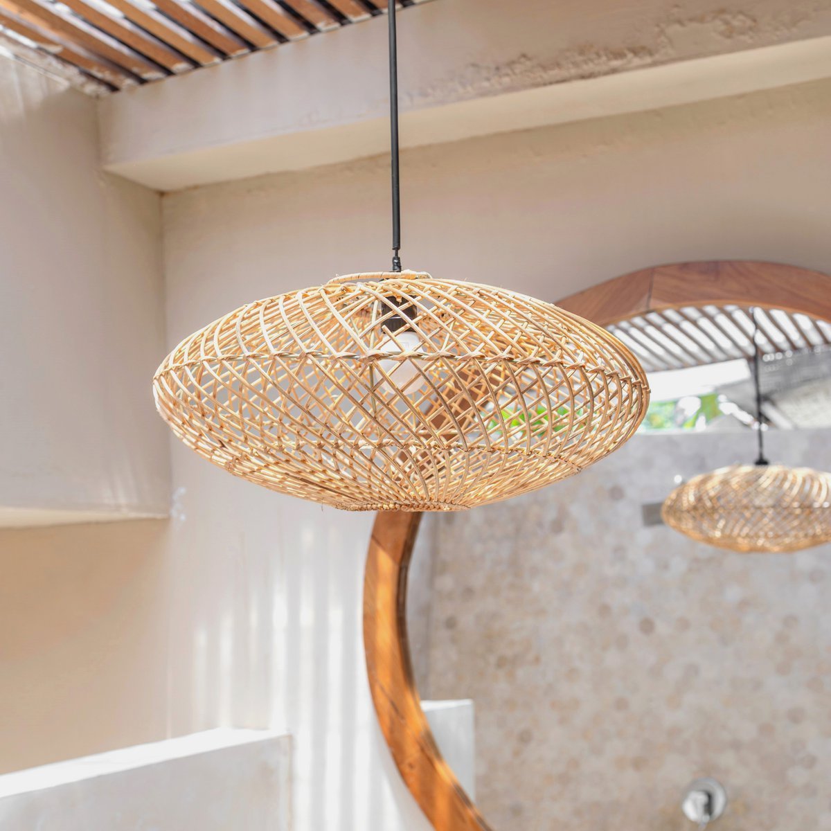 ARANA Rattan Lampshade – Flat Handwoven Boho Light - CozyVibe.eu