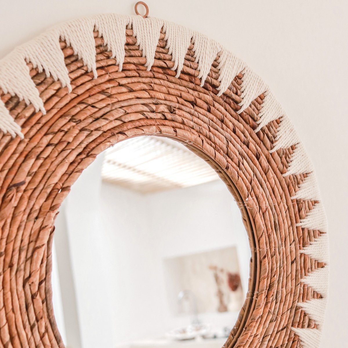 AWAN Round Boho Mirror basket with cotton pattern wall decoration