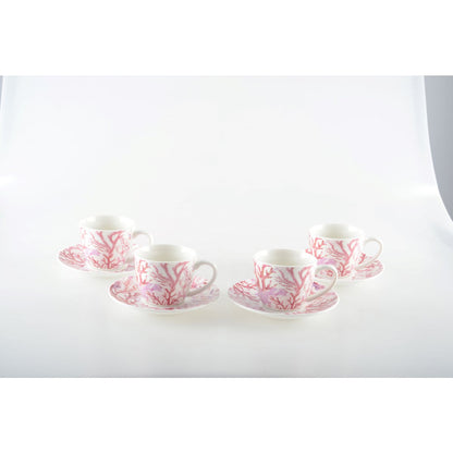 Set of 4 coffee cups and saucers - pink coral patters