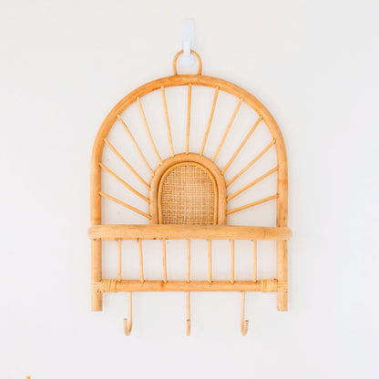 BANTEN rattan basket wall shelf with hooks for keys and decor