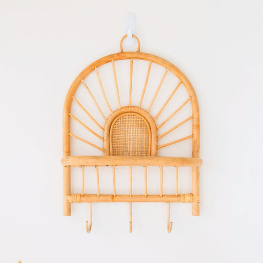 BANTEN rattan basket wall shelf with hooks for keys and decor