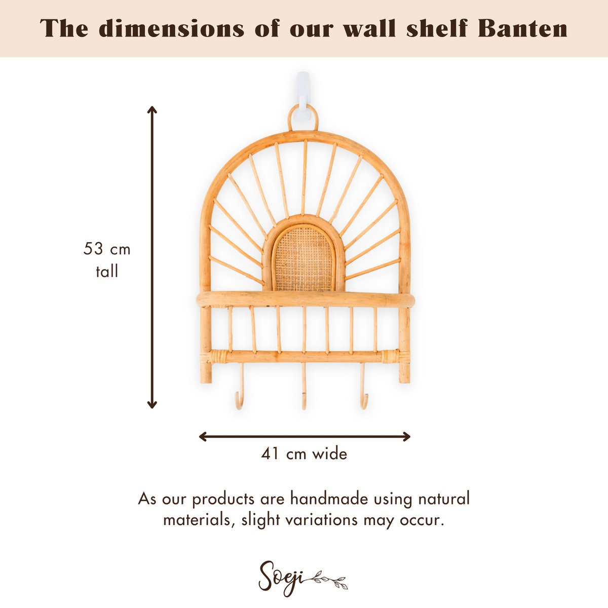 BANTEN rattan basket shelf with sturdy hooks for hanging coats