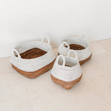 Woven Storage Basket White – Boho Decorative Basket – Square Laundry Basket – Shelf Basket Made of Banana Fibre MAJALENGKA white (3 sizes)