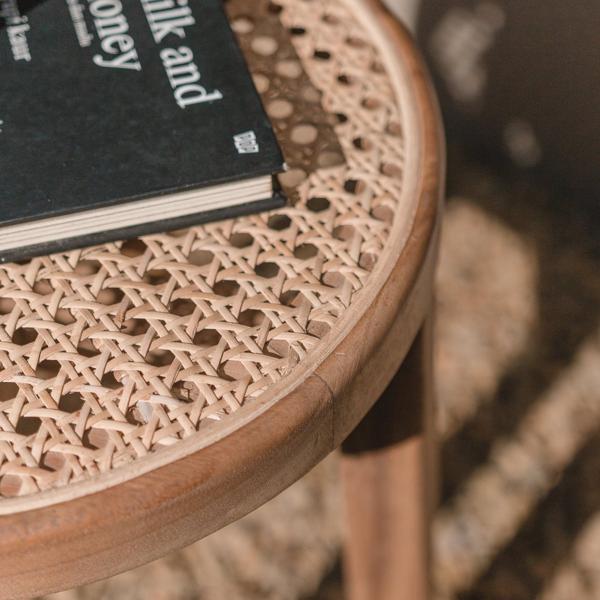 Wooden Stool CARAMIN made of Trembesi with a Seating Surface from Woven Rattan