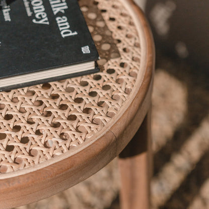 Wooden Stool CARAMIN made of Trembesi with a Seating Surface from Woven Rattan
