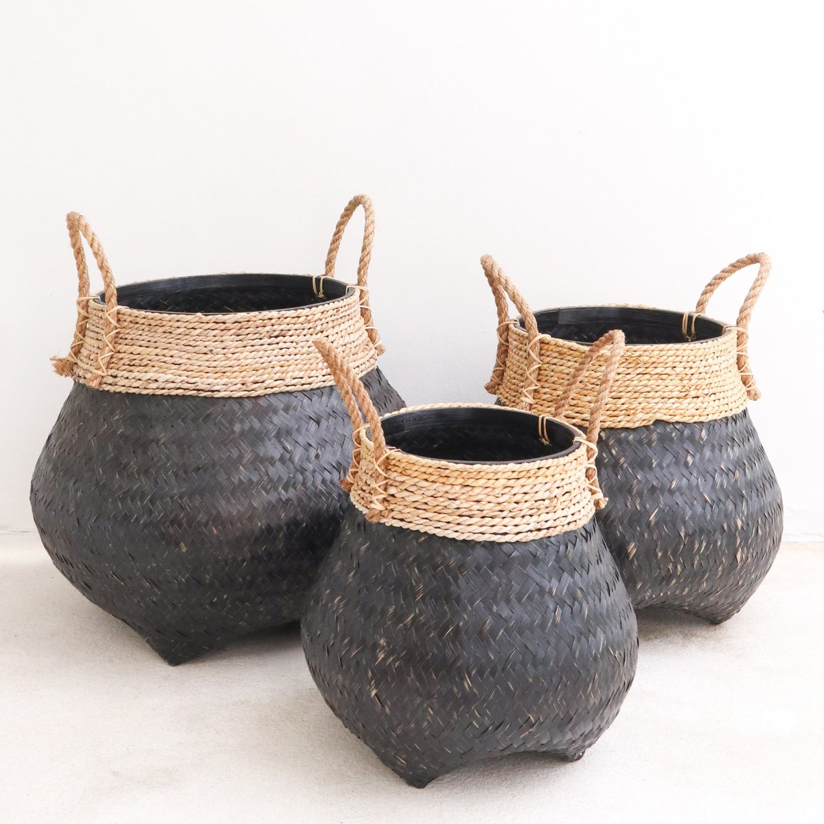 Boho-style black bamboo and seagrass basket for living room décor by CozyVibe

