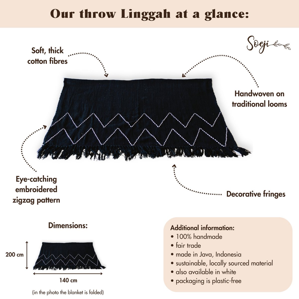 Black Handwoven Cotton blanket with Zigzag Pattern and soft texture