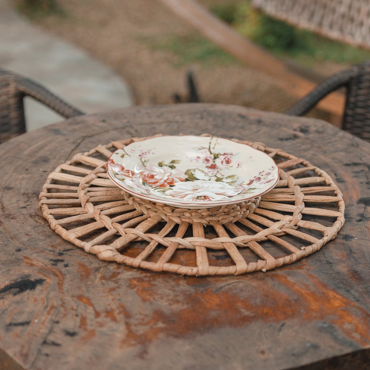 Boho water hyacinth basket placemat for rustic dinner decor