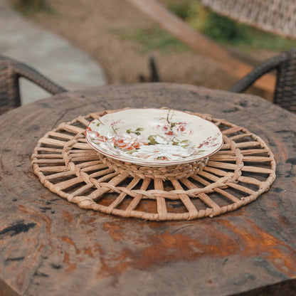 Boho water hyacinth basket placemat for rustic dinner decor