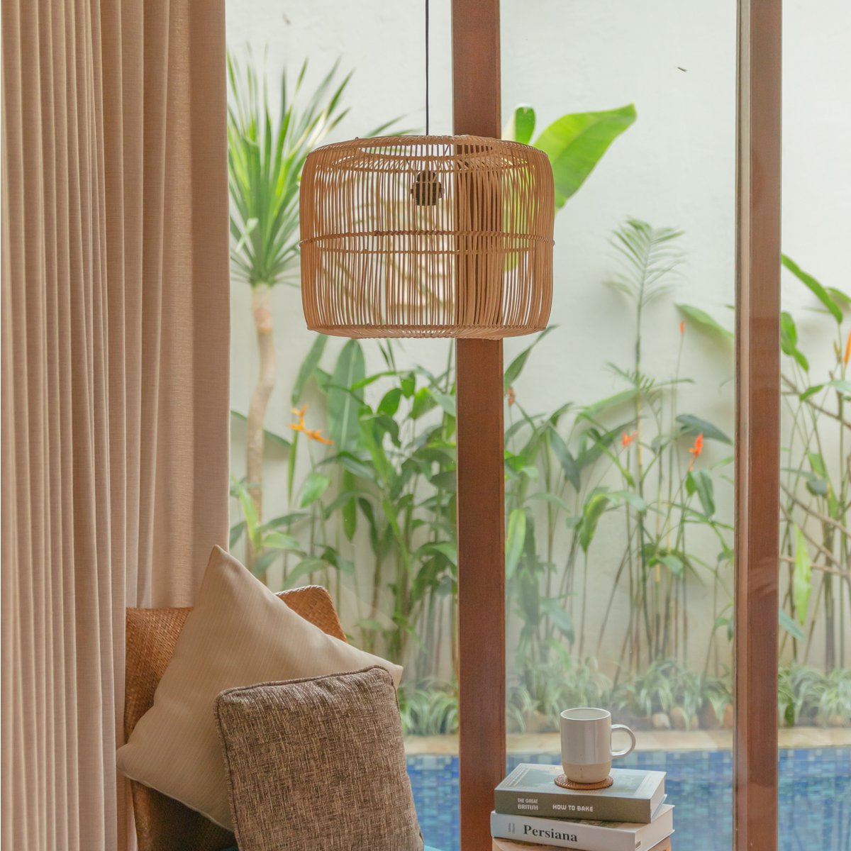 Boho Rattan Pendant Lamp LIKU basket with open weave design