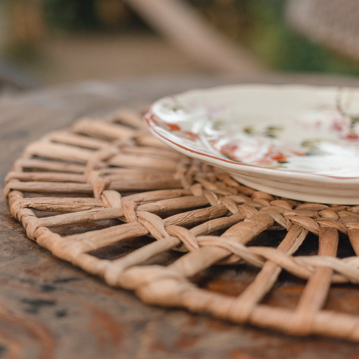 Boho water hyacinth basket placemat for cozy dining atmosphere