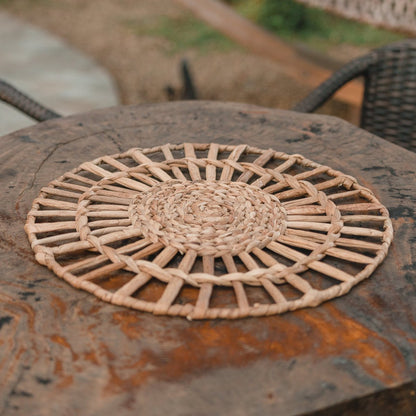 Boho water hyacinth basket placemat for garden dining table