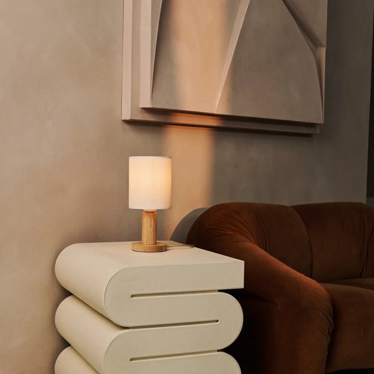 Boris Light Brown – Fabric Shade Lamp with minimalist wooden design for tables