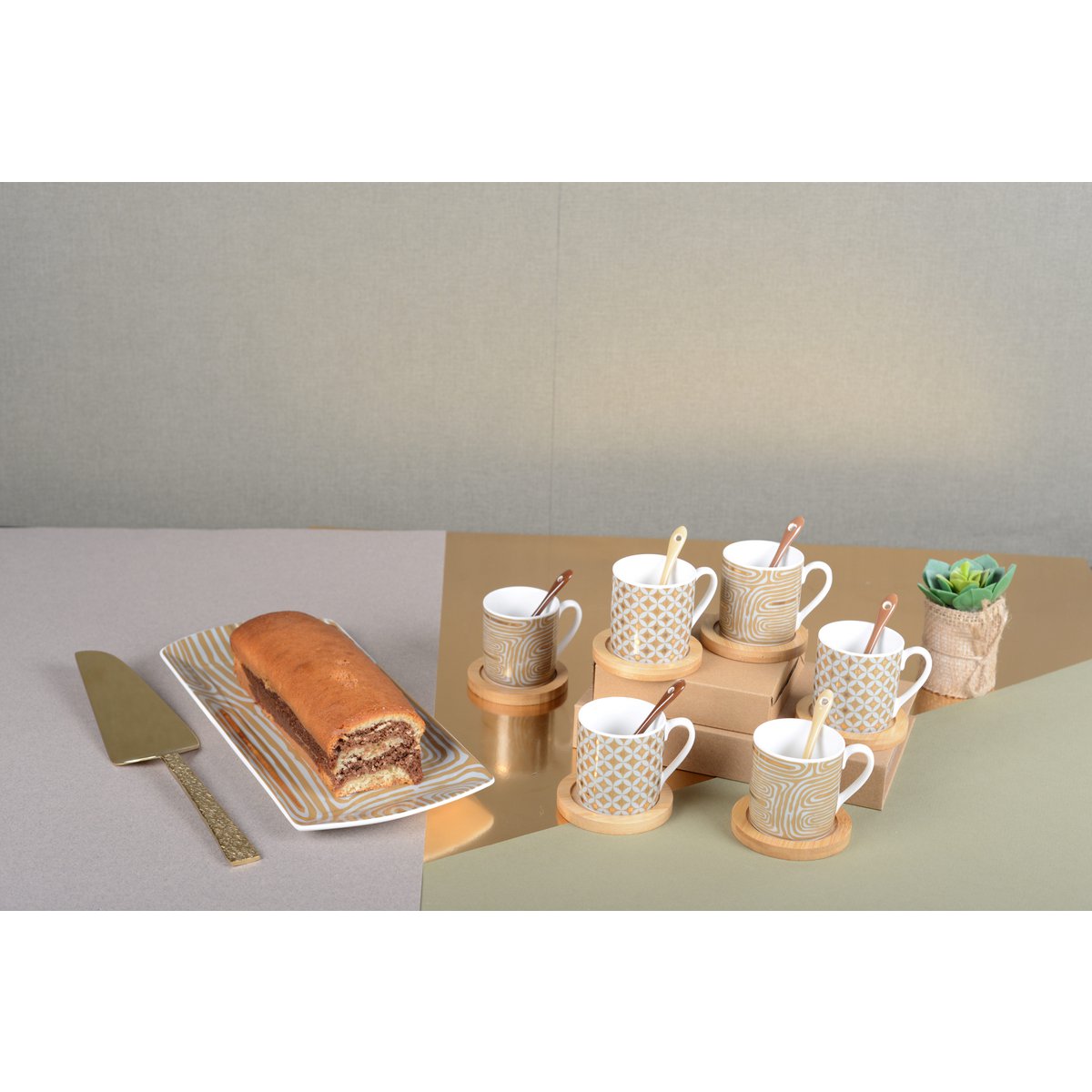 Set of 6 small coffee cups with the coasters