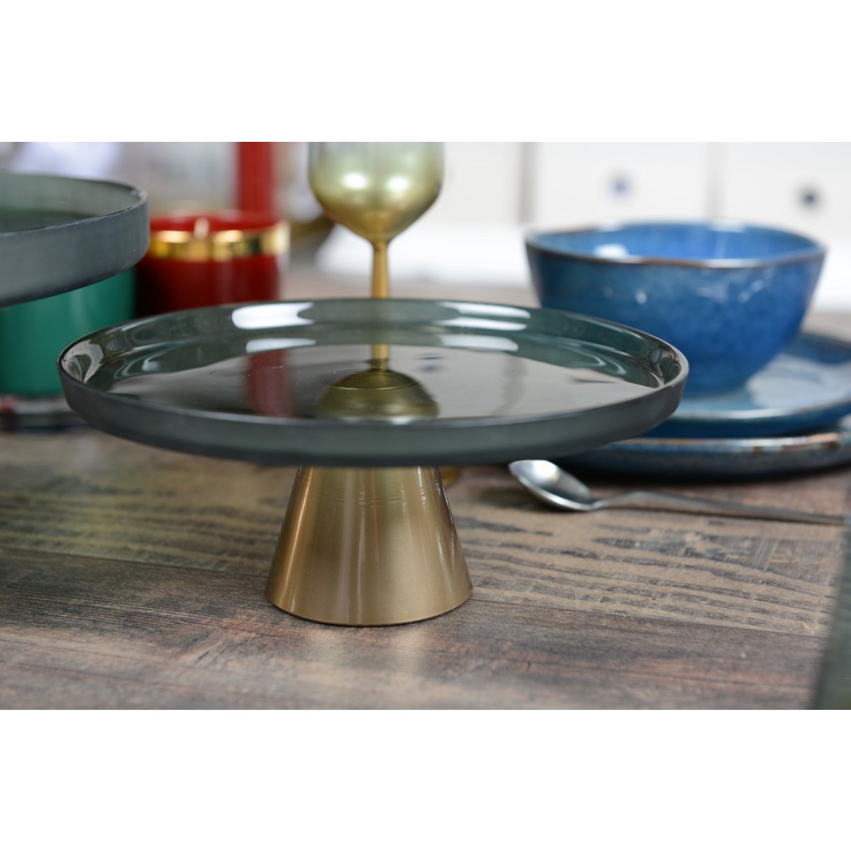 Cake stand with gold foot, green glass display, kitchen decor | CozyVibe

