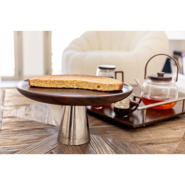 Wooden cake stand on silver metal foot 30x30x14.5cm