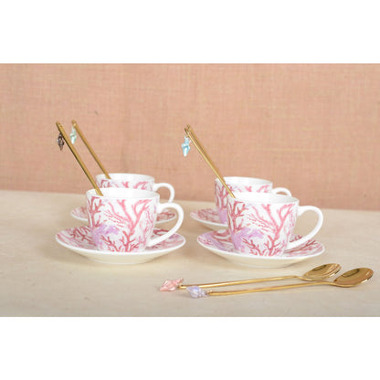 Set of 4 coffee cups and saucers - pink coral patters