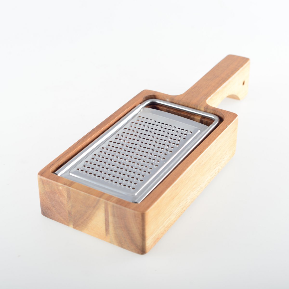 elegant cheese grater with acacia wood handle and steel surface