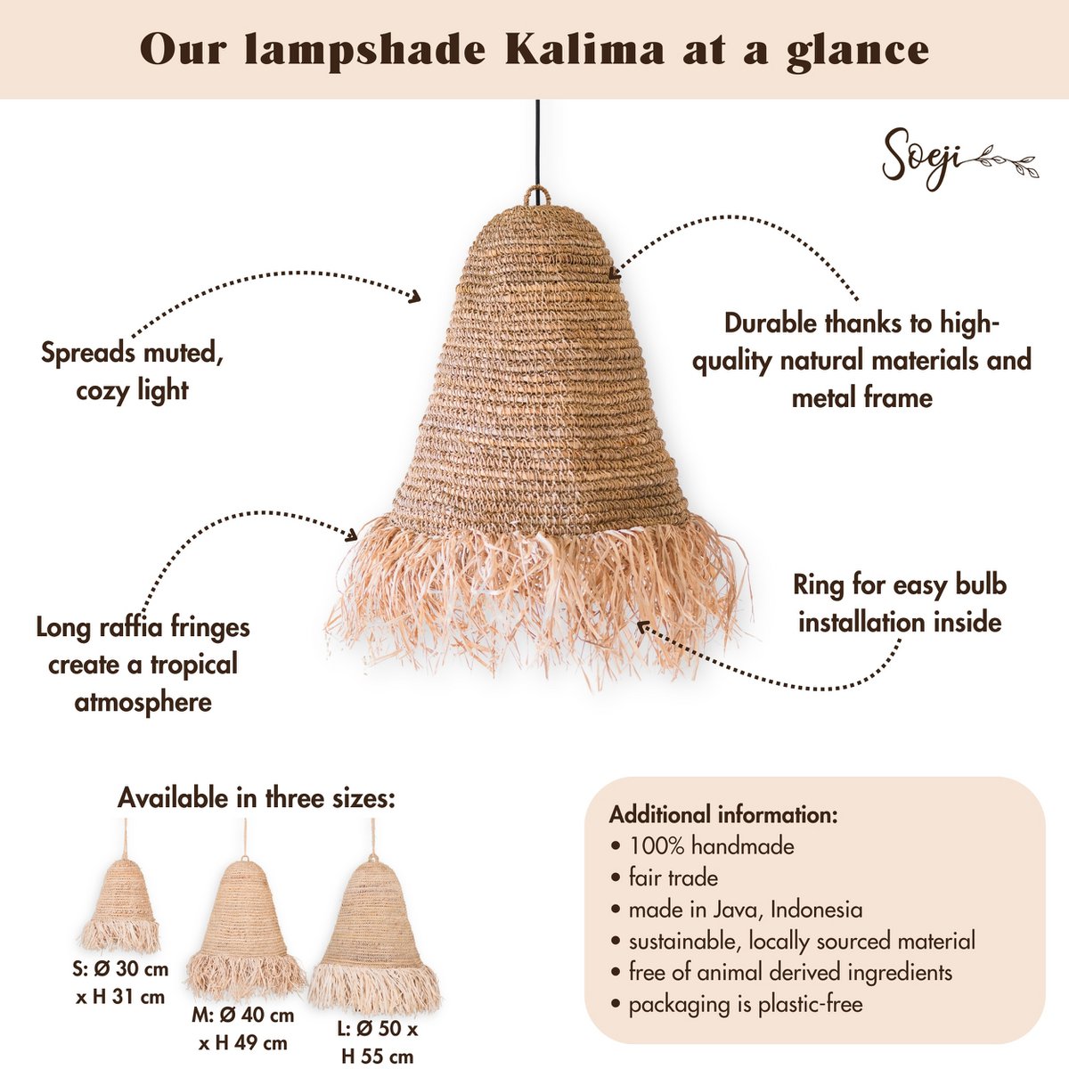 Raffia Boho Lampshade – Hanging Lamp – Pendant Light – Handwoven Ceiling Light with Long Fringes (3 sizes Ø 30/40/50 cm) KALIMA