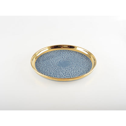 Blue and cream ceramic dessert plates with gold rim, set of four

