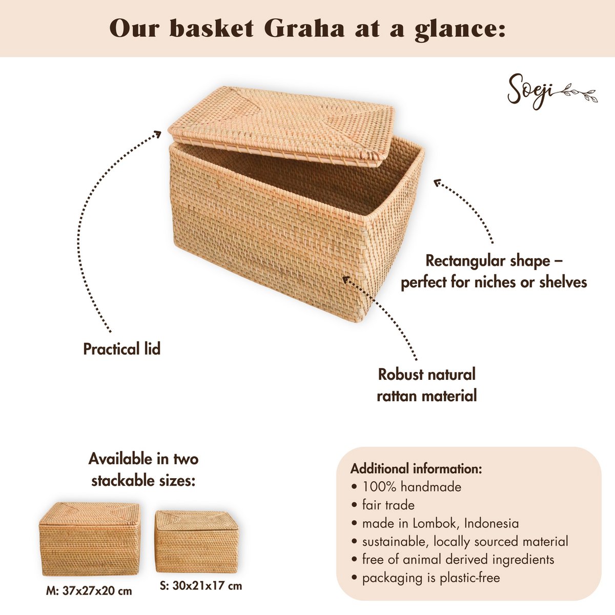 Storage Basket with Lid  – Shelf Basket made from Beige Rattan – Handwoven Decorative Basket GRAHA (2 sizes)