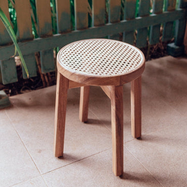 Wooden Stool CARAMIN made of Trembesi with a Seating Surface from Woven Rattan